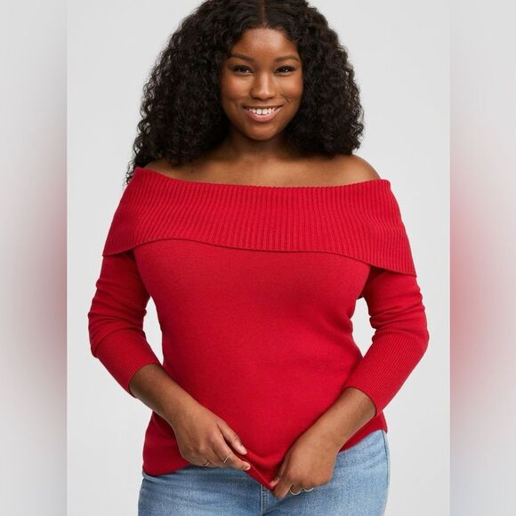 Torrid Pullover Off Shoulder Blouse Sweater Red Minimalist Longsleeve Size 1 - Picture 2 of 11